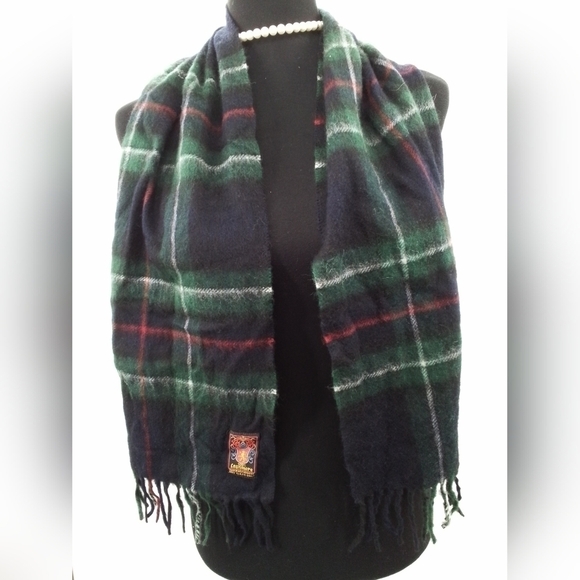 VTG 100% Cashmere Navy Blue & Green Paid Scarf with Fringe UNISEX - Picture 1 of 2